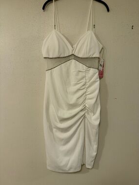 White Ruched Bodycon Dress with Rhinestone Trim & Mesh Cut-out